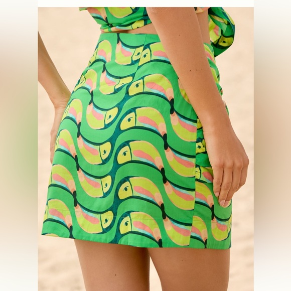 NWT Farm Rio x Anthropologie Toucan Green Print Tie Front Mini Skirt - Picture 3 of 7
